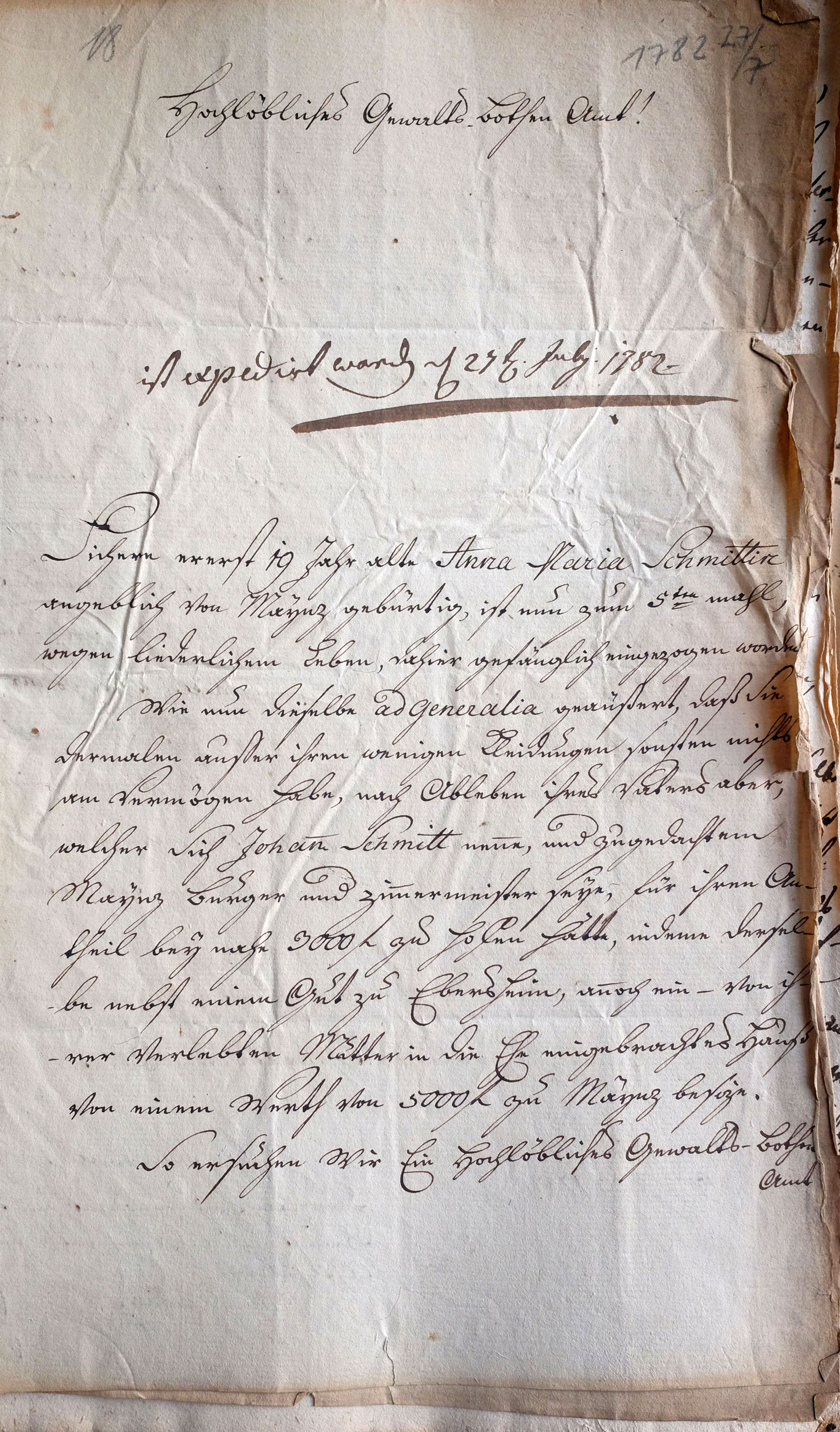 Schreiben der Mannheimer Behörden an den Mainzer Gewaltboten, Mannheim, 17. Juli 1782
