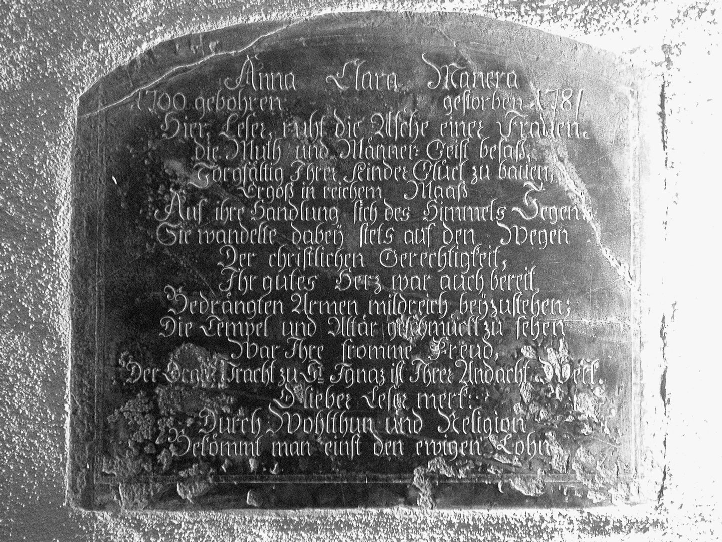 Inschrift Grabstein Anna Clara Manera, Kirche St. Ignaz in Mainz