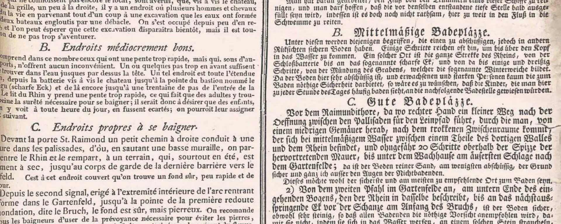 Fragment eines Plakats über die Sicherheit der Badeplätze in Mainz, als Aktenumschlag verwendet. Auf Deutsch und Französisch werden Badeplätze in der Region in gut und mittelmäßig kategorisiert