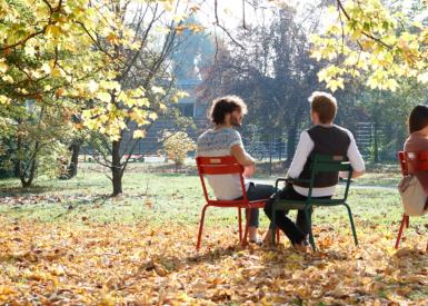 Menschen mit Laptop im Botanischen Garten