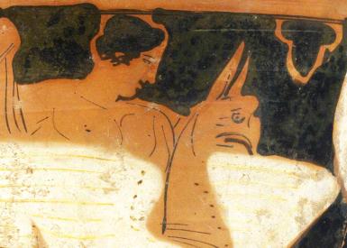 Der jugendliche Gott Dionysos reitet auf einem geflügelten Greifen.  Attisch-rotfiguriger Kelchkrater; um 350 v. Chr.