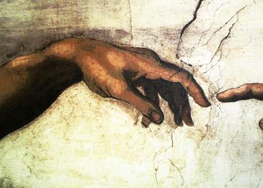 Gemäldeausschnitt  sich berührender Finger zweier Hände von Michelangelo