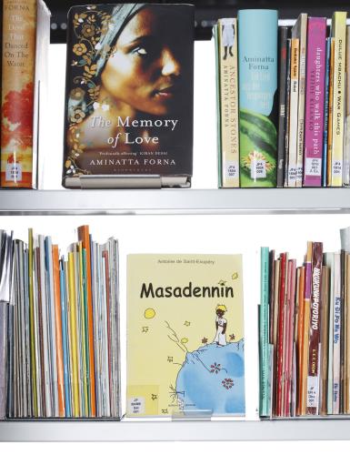 zwei Regalbretter mit Büchern, drei mit der Vorderseite nach vorn