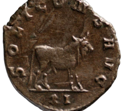 Münze mit geprägtem Stier und um den Rand laufende Schrift