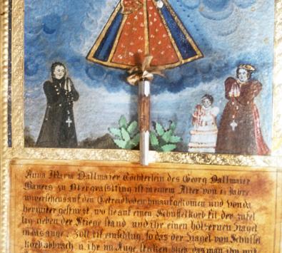 Bild von betenden Menschen unter einer Maria mit Jesus. Darunter ein längerer Text.