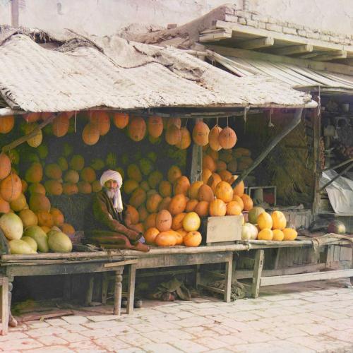 Melonenverkäufer in Smarkand im heutigen Usbekistan