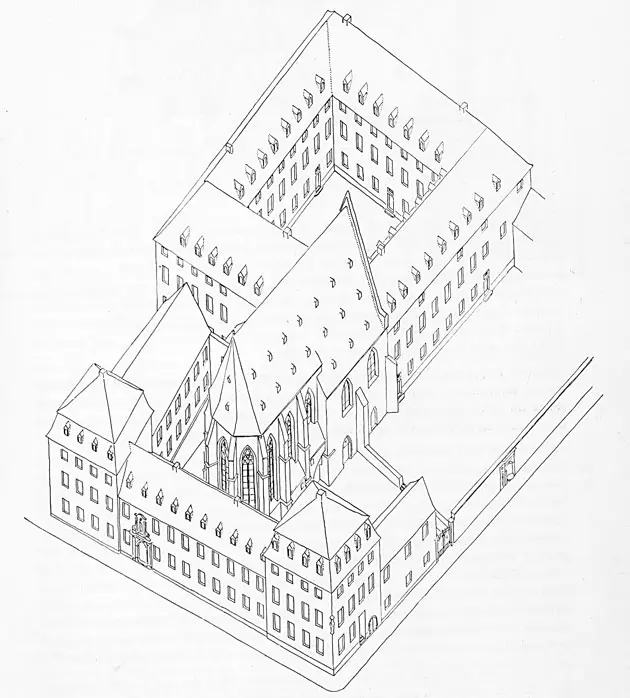 „Armklara zu Mainz“ – Querschnitt des Klosters Armklara von Osten um 1949