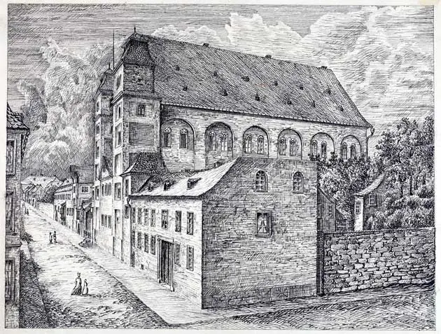 &amp;quot;Das ehemalige Altenmünsterkloster und die Kirche, im 19. Jh. Militärlazareth&amp;quot;. Federzeichnung von Leonhard Hess aus dem Jahr 1885
