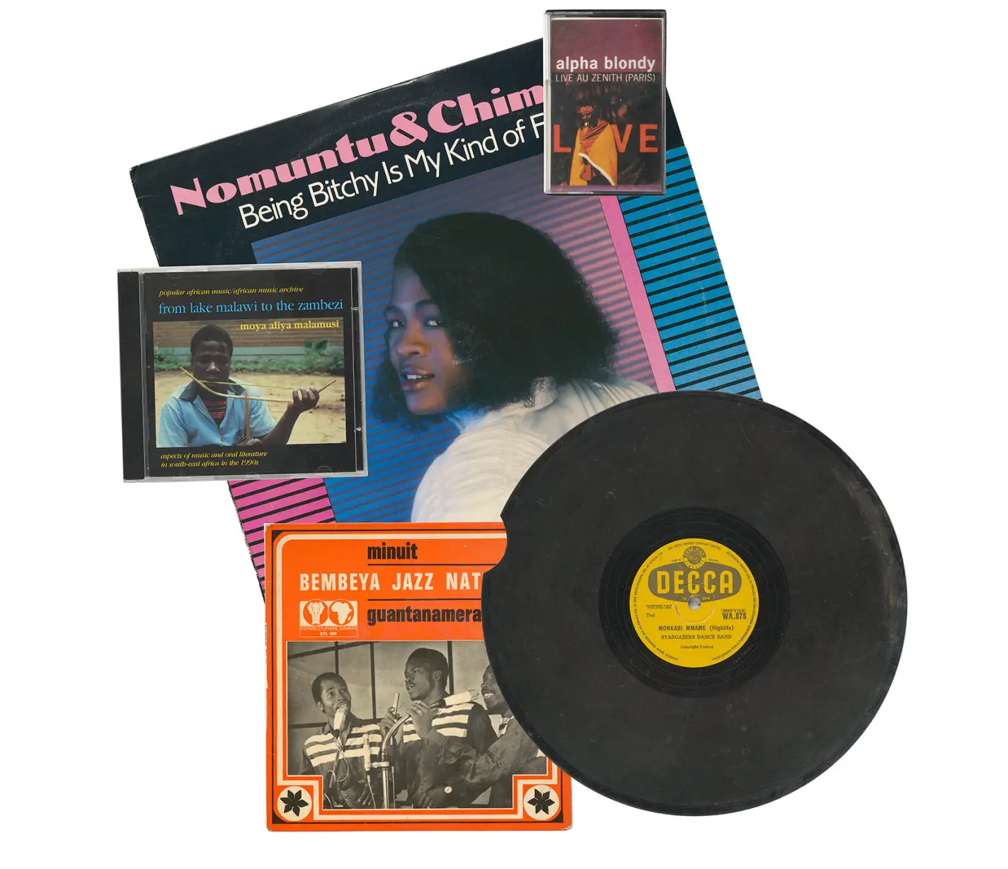 Platten-, Kassetten-, CD-Cover und eine Platte