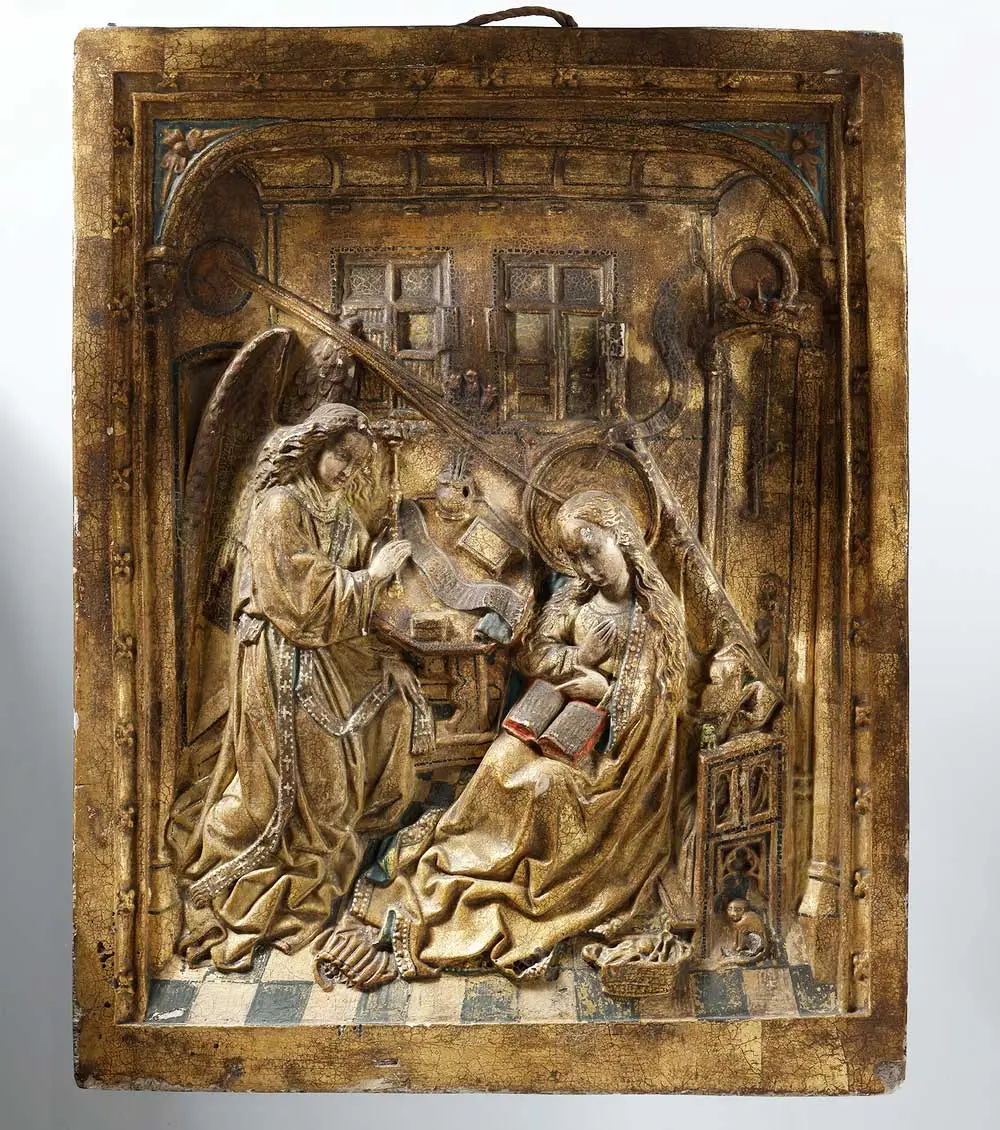 Verkündigung an Maria. Farbig gefasste Gipskopie 40 x 31,5 x 3,5 cm, 19. Jh., verschollenes Original aus Utrecht, Tonrelief, 1500, Vorbilder aus dem Umfeld des Meisters von Flémalle um 1420-1430