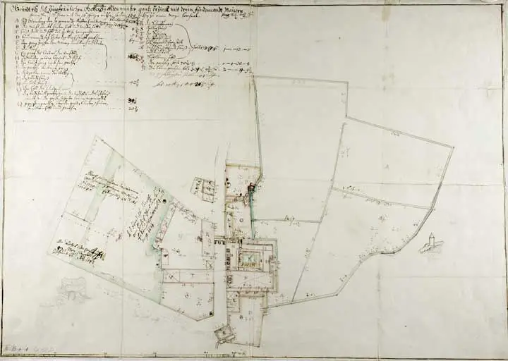 &amp;quot;Grundtriss dess Jungfräulichen GottesHauss zu Altenmünster, gantz bezirck mit denen fundamendtmauern gemessen ...&amp;quot;. Lageplan des Altmünsterklosters um 1770