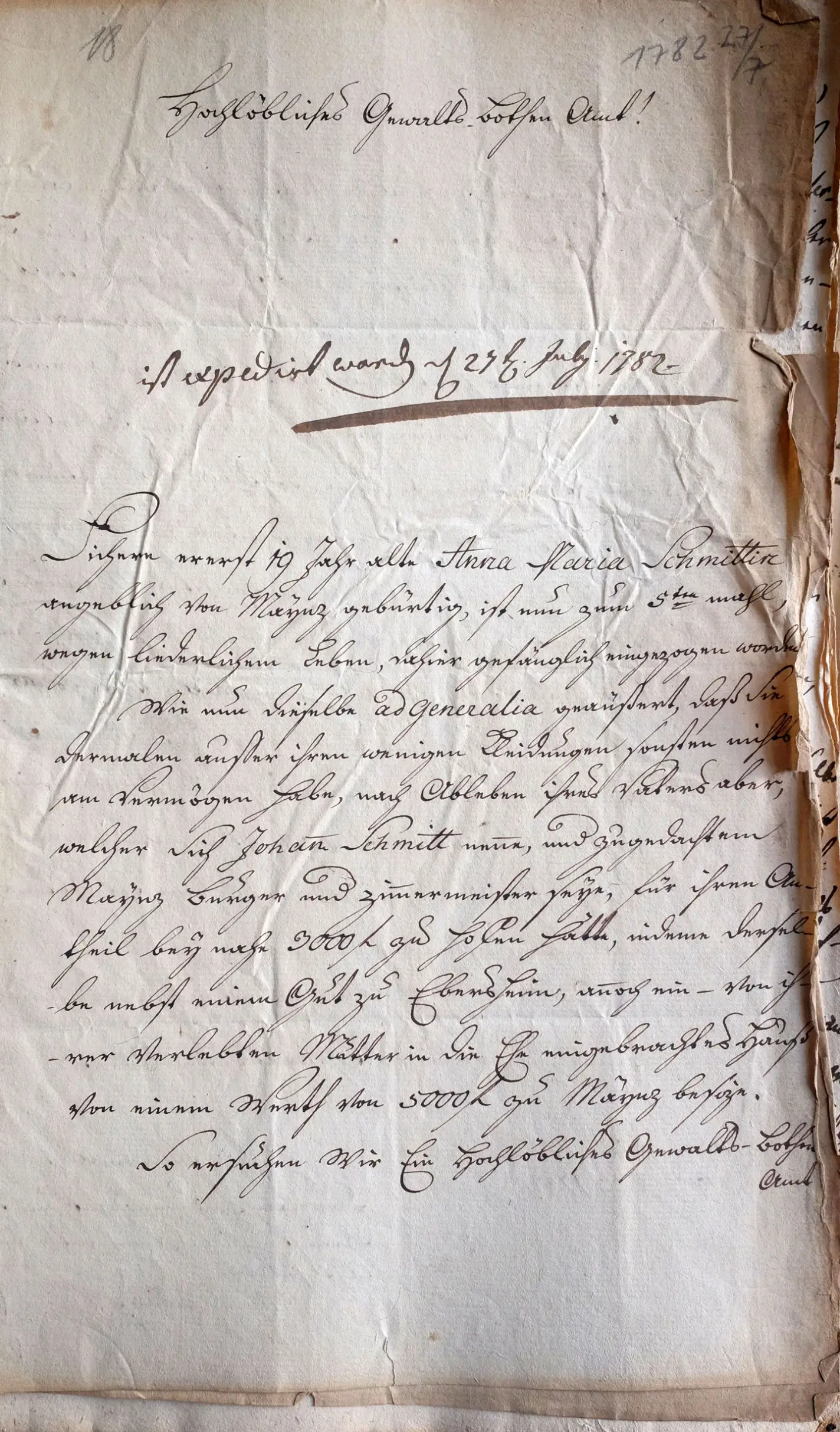 Schreiben der Mannheimer Behörden an den Mainzer Gewaltboten, Mannheim, 17. Juli 1782