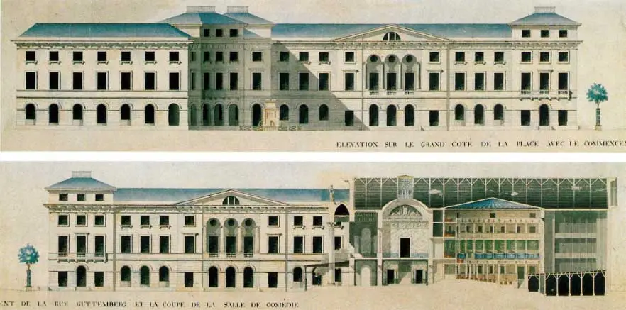 Elevation sur le grand cote de la place