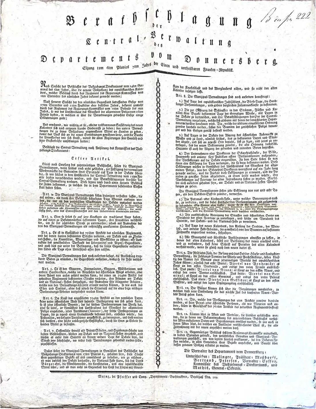 Bekanntmachung an die Bewohner des Departements Donnersberg, zu dem Mainz gehörte, über die Einführung des Revolutionskalenders