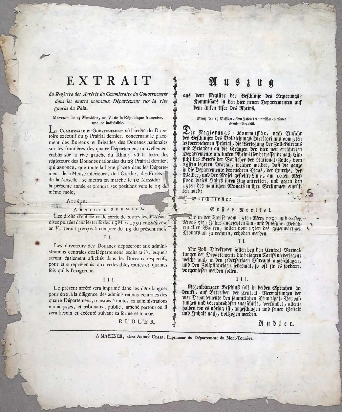 Bekanntmachung der neuen Zollgrenze am 1. Juli 1798