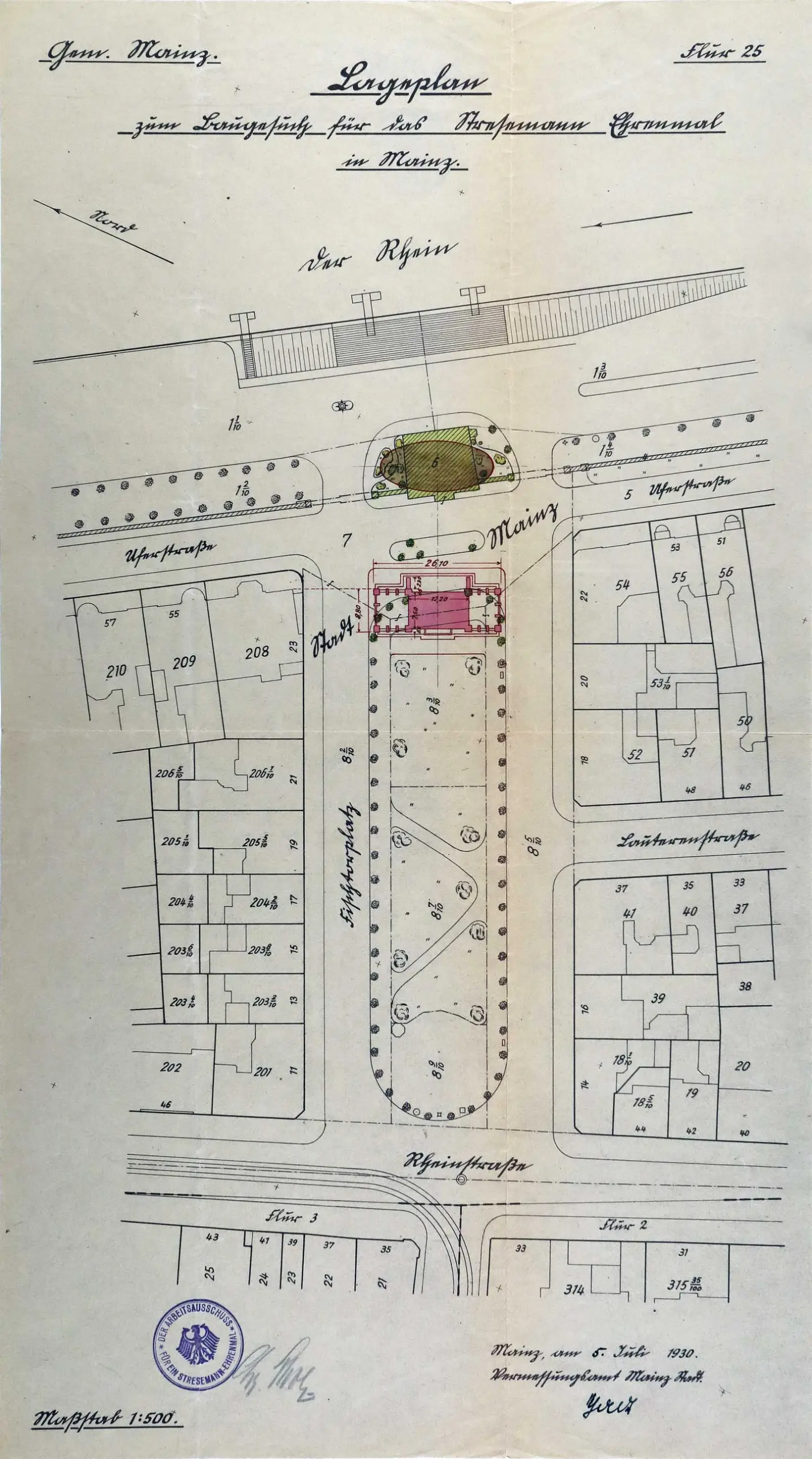 Dieser Lageplan verdeutlicht die Nähe des Stresemann-Denkmals (pink eingezeichnet) zur Fischtortreppe, an deren linken Ende das „Kreuzer Mainz“-Denkmal nur wenige Jahre später errichtet werden sollte