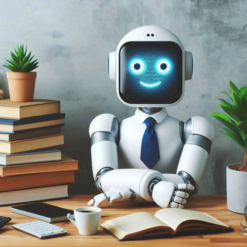 Roboter sitzt mit Büchern am Tisch