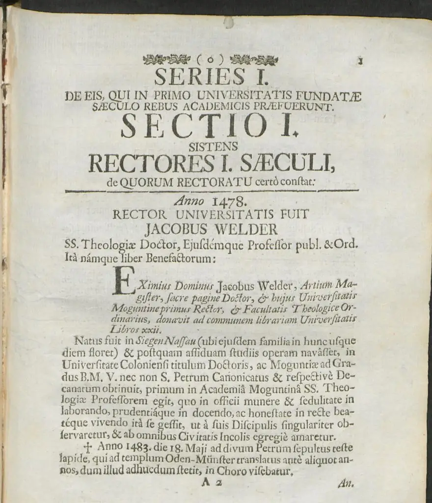 Scan des Eintrags zu Jacobus Welder aus De Moguntia litterata commentationes historicae
