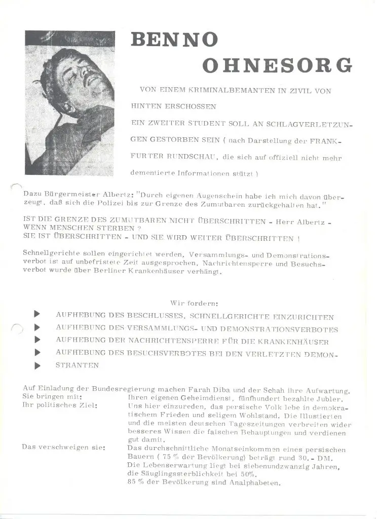 Flugblatt zu Ohnesorgs Tod herausgegeben vom AStA und den Hochschulgruppen der JGU