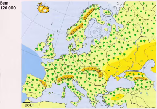 Karte von Europa mit Symbolen für Klima und Tierwelt im Wandel