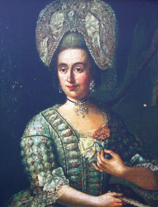 Anna Clara Manera, 1. Hälfte 18. Jh., Maler unbekannt, Kopie (Foto gedruckt auf Tapete) im Pfarrhaus von St. Ignaz/Mainz; Verbleib des Originals unbekannt