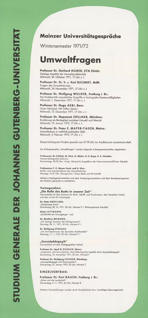Ankündigung Mainzer Universitätsgespräche 1971/72 "Umweltfragen"