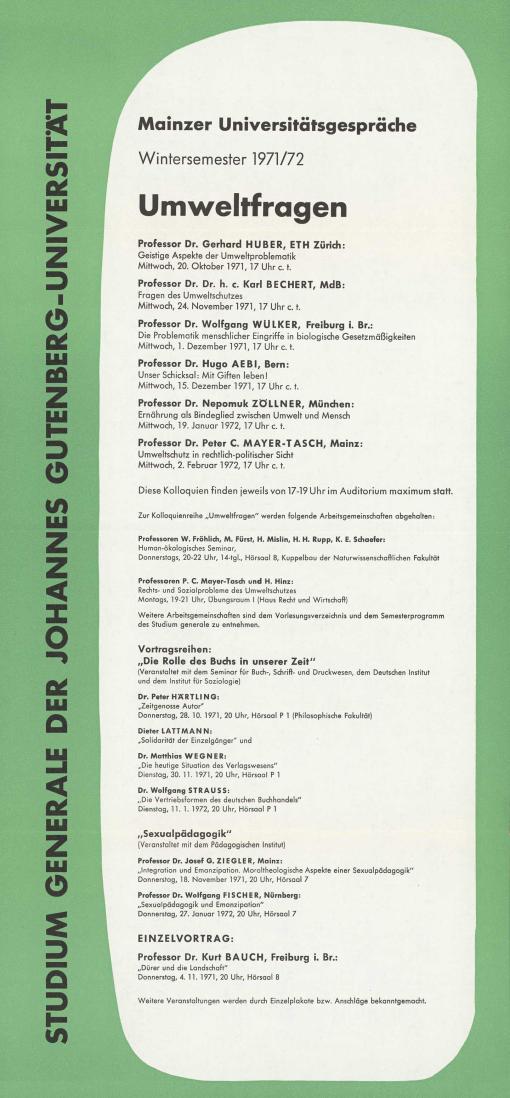 Ankündigung Mainzer Universitätsgespräche 1971/72 "Umweltfragen"