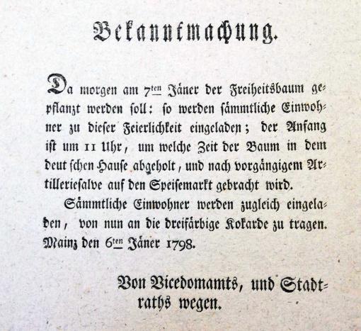 Bekanntmachung vom 6. Januar 1798 zur Pflanzung eines Freiheitsbaums am 7. Januar 1798