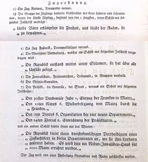 Zugordnung des Festzugs zum 1er Vendémiaire des Jahres IX (=22. September 1800)