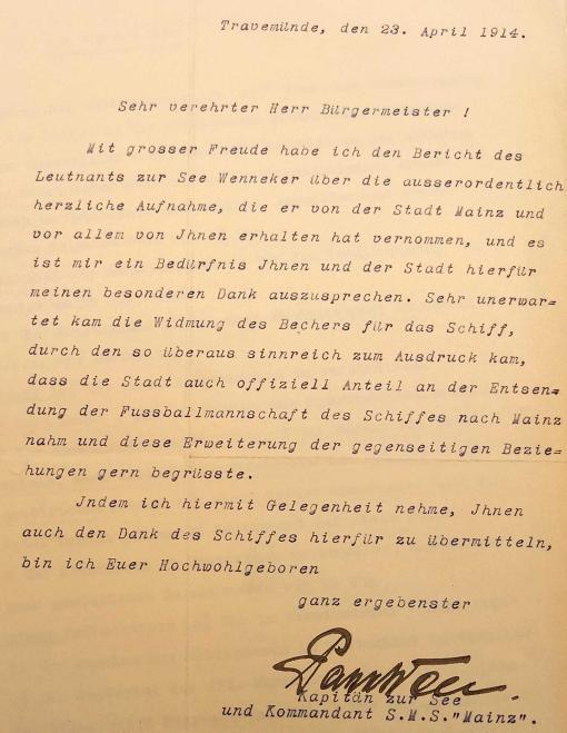 Ein Dankesschreiben von Wilhelm Paschen, Kapitän zur See der S.M.S. „Mainz“