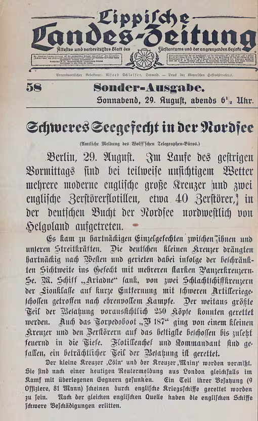 Ein Bericht der Lippischen Landes-Zeitung von dem Seegefecht in der Nordsee
