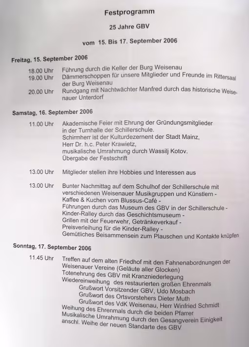 Das Programm der 25- Jahrfeier des GBV, wie es in der Festschrift des Vereins abgedruckt ist