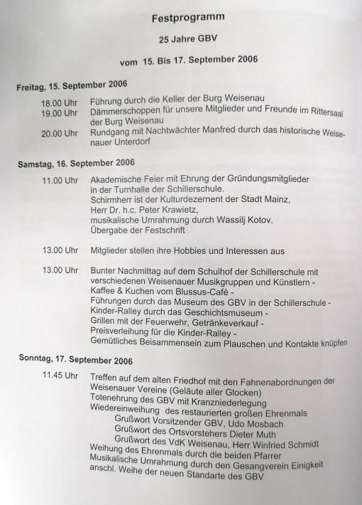 Das Programm der 25- Jahrfeier des GBV, wie es in der Festschrift des Vereins abgedruckt ist