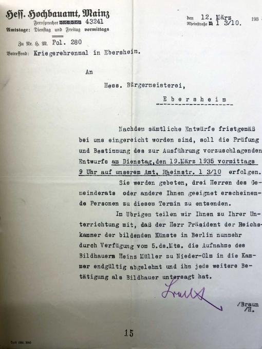 Schreiben des hessischen Hochbauamts an die Bürgermeisterei Ebersheim über die Künstler-Problematik