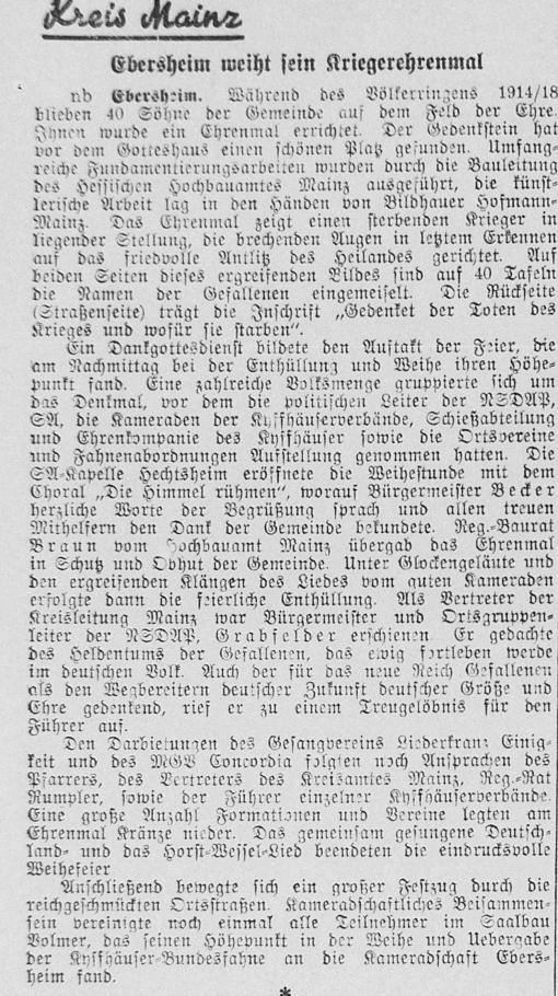 Der Mainzer Anzeiger berichtete am 04. November 1935 über die Einweihung