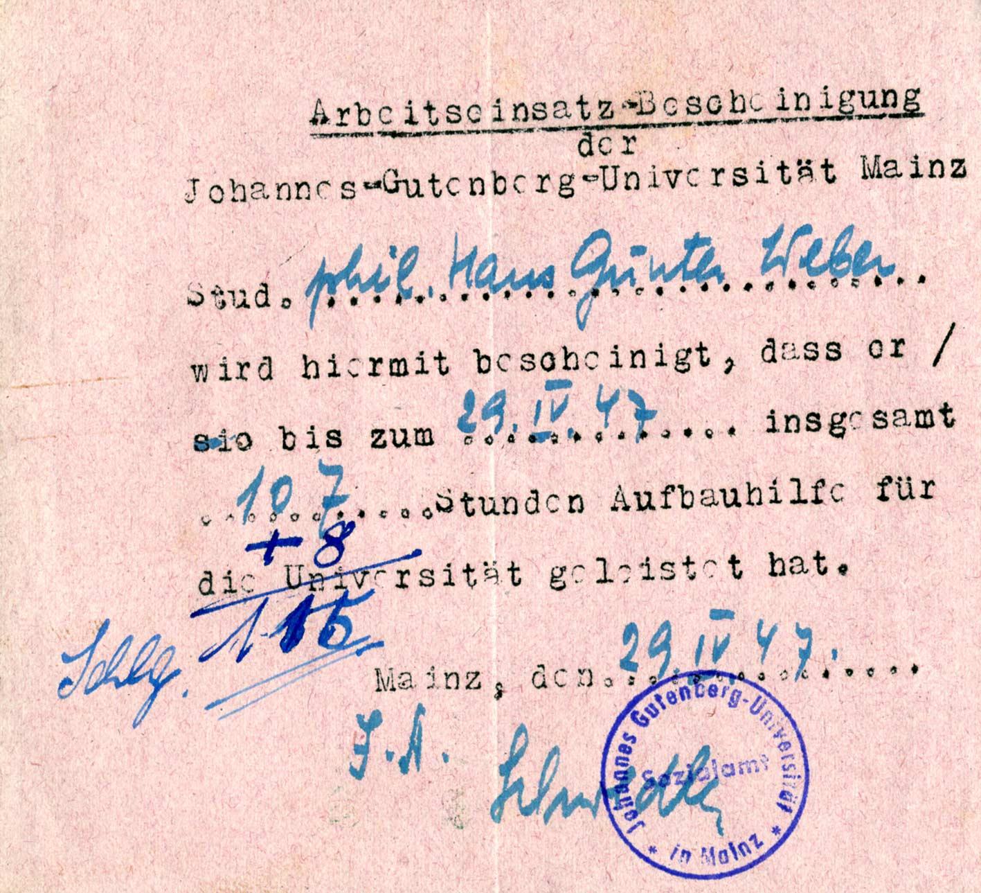 Arbeitseinsatz-Bescheinigung des Studenten Hans-Günther Weber