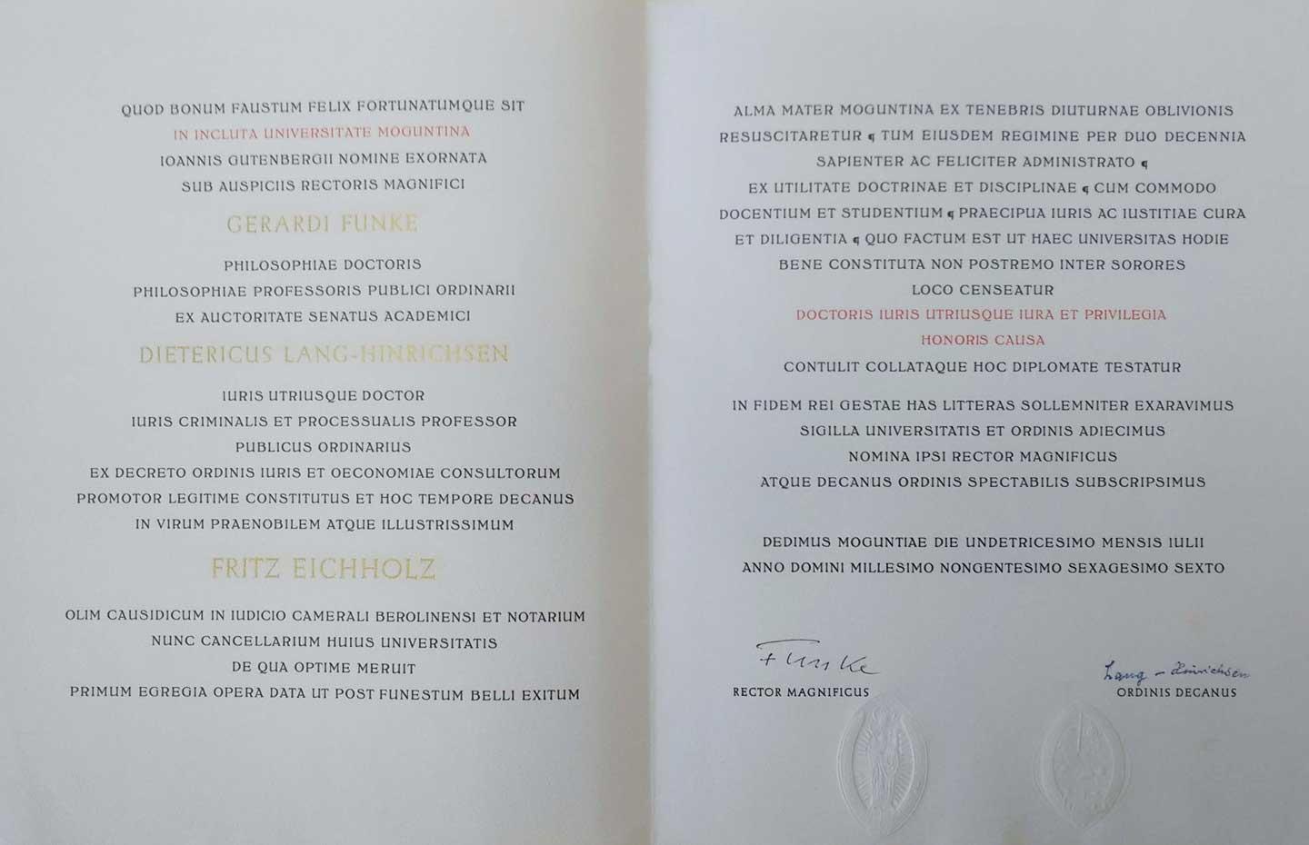 Ehrendoktorurkunde Fritz Eichholz