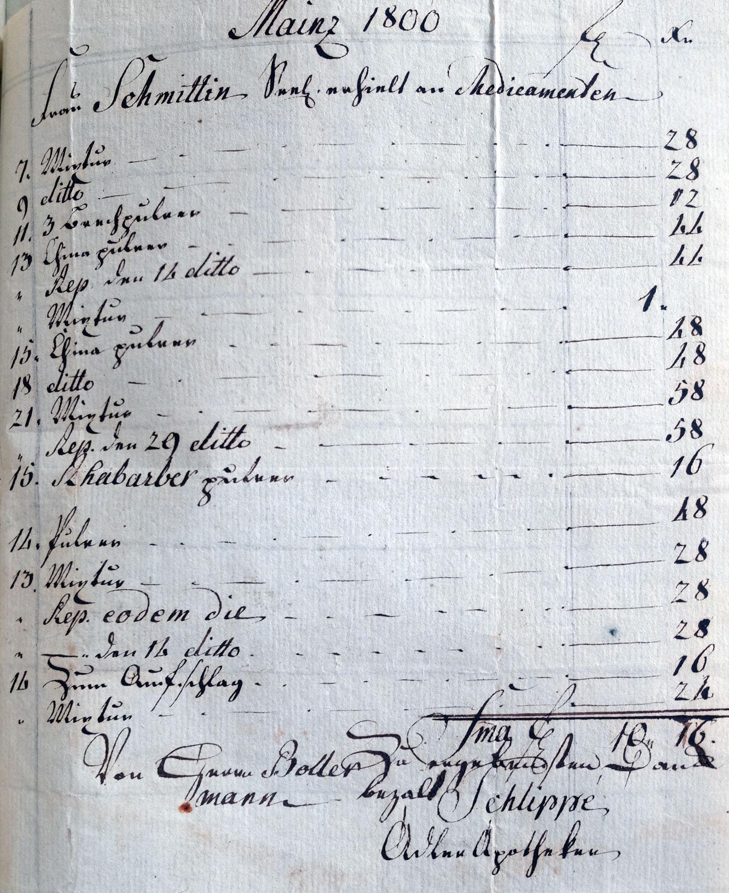 Rechnung, 1800, mit Unterschrift von Heinrich Gottlieb Schlippe